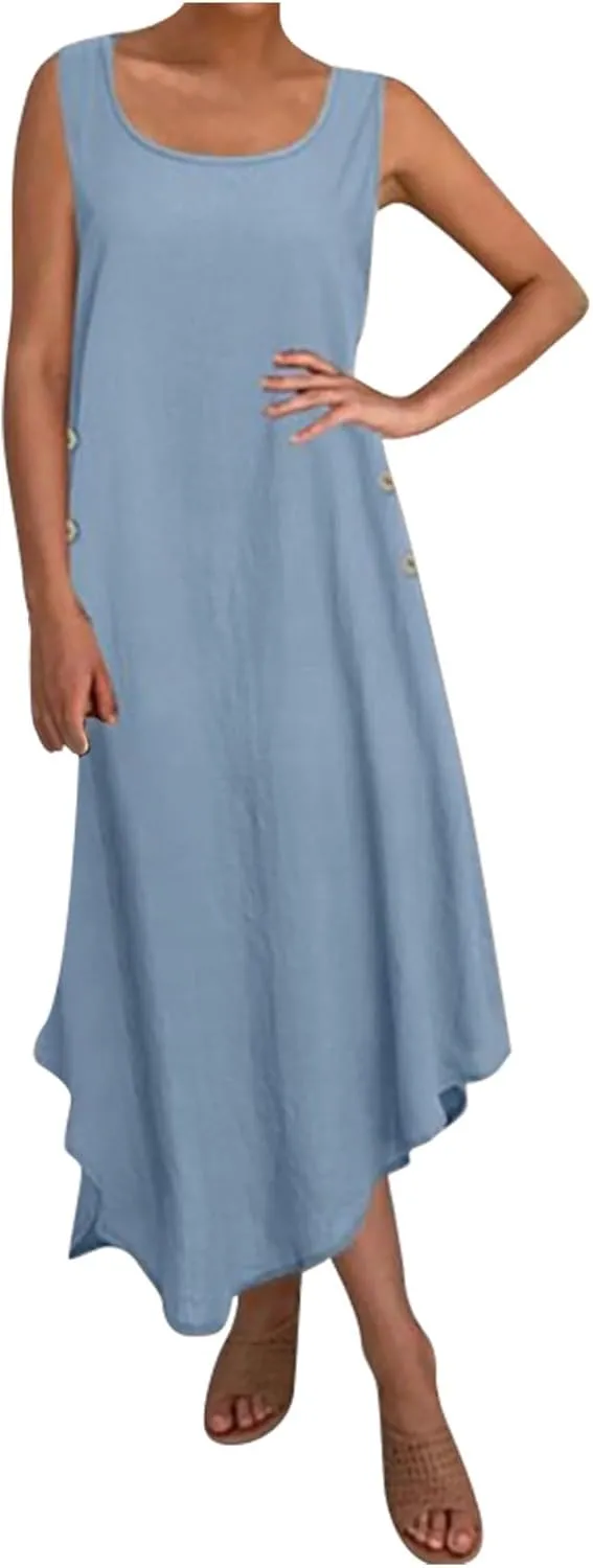 Loose Summer Cotton Linen Dress for Women 2025 Solid Color Beach Travel Dress Button Down Shift Dresses with Pockets