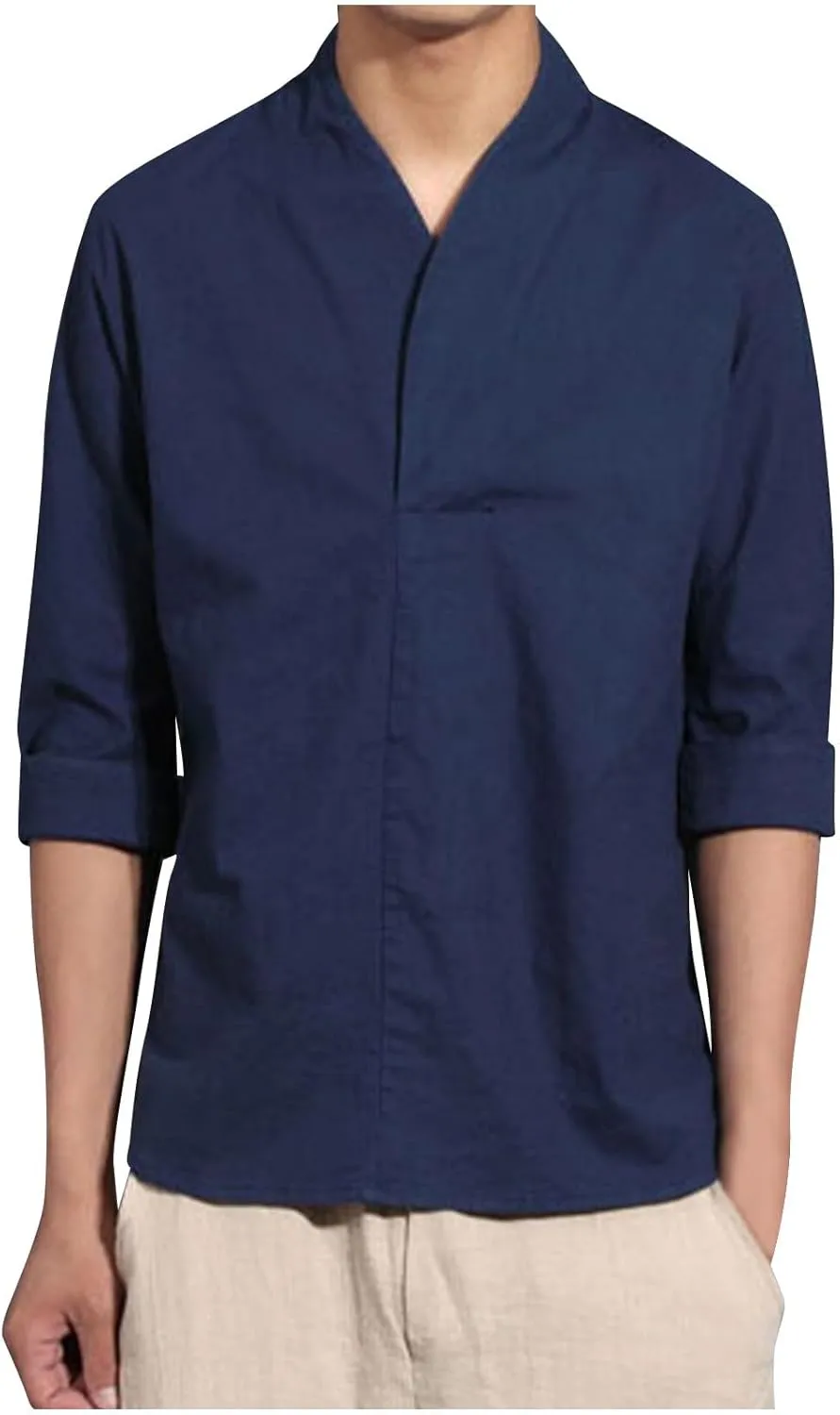 Men's Linen 3/4 Sleeve Shirts V Neck T-Shirt Summer Lightweight Breathable Thin Pullover Casual Loose Tops
