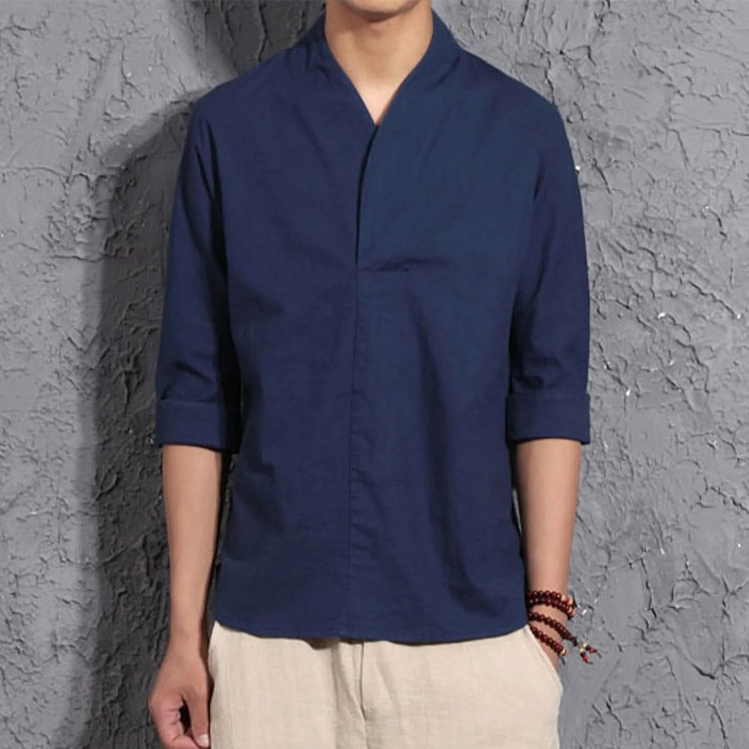 Men's Linen 3/4 Sleeve Shirts V Neck T-Shirt Summer Lightweight Breathable Thin Pullover Casual Loose Tops