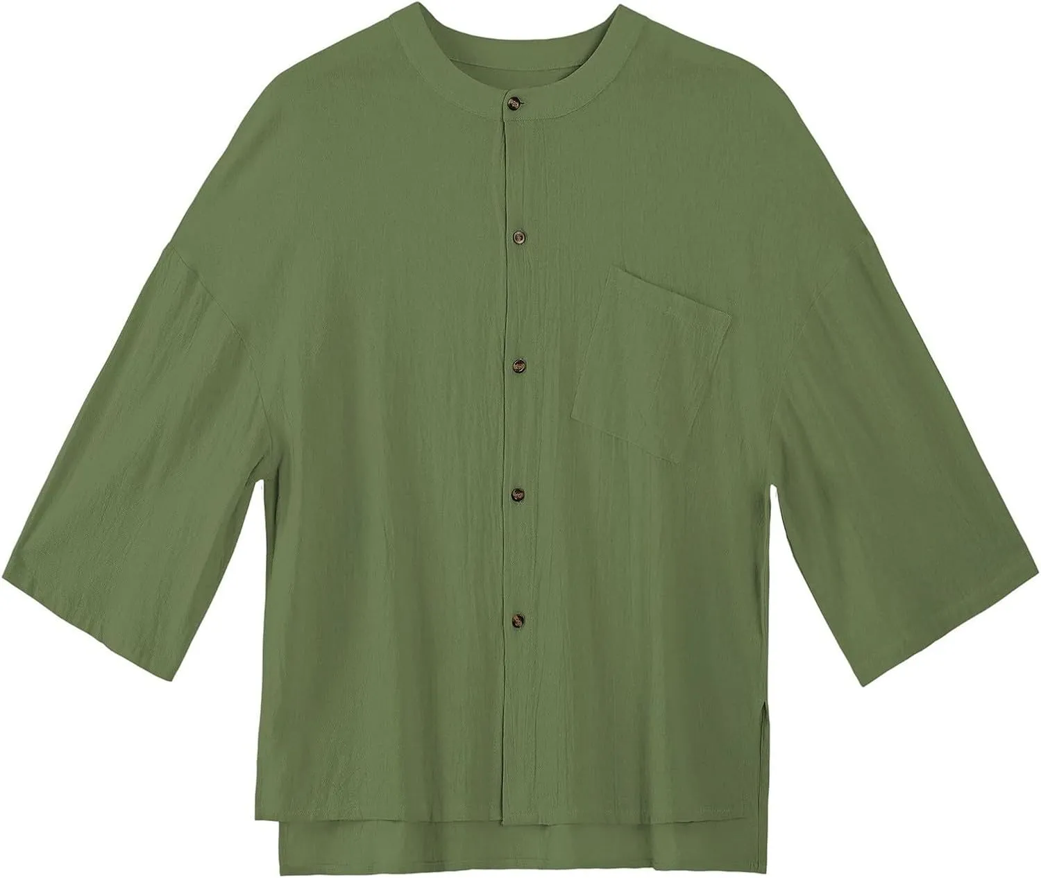 Men's Three Quarters Sleeve Shirt Solid Color Crew Neck Button Down Linen Cotton Top Pocket Breathable Summer Resort Tee