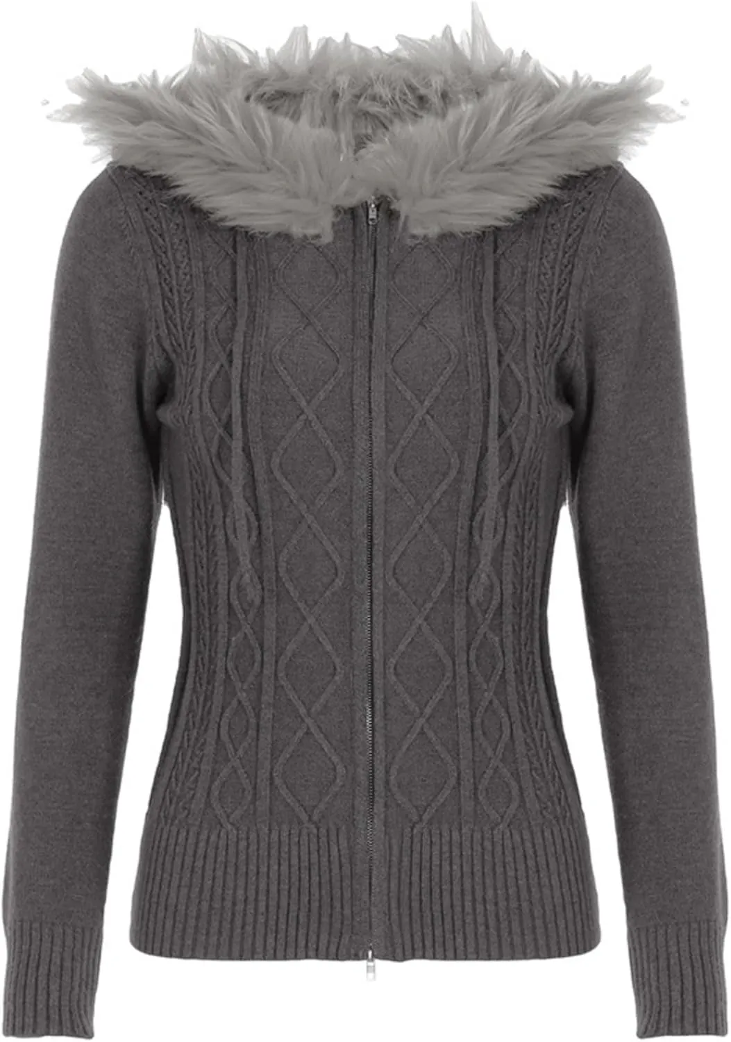 Monkay Zipper Cardigan Sweaters for Women, Long Sleeve Cable Knit Crop Tops Jackets with Fur Hooded Trim, Retro Y2k Chic