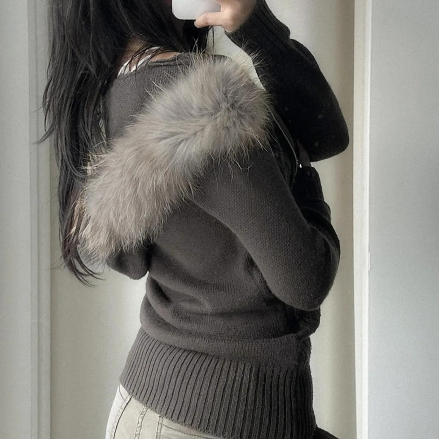Monkay Zipper Cardigan Sweaters for Women, Long Sleeve Cable Knit Crop Tops Jackets with Fur Hooded Trim, Retro Y2k Chic