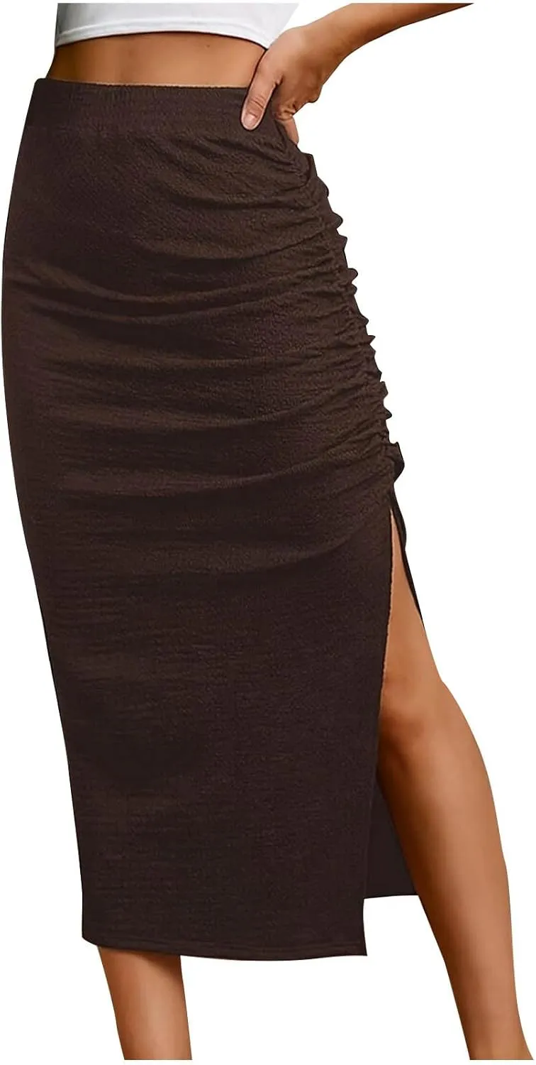 Oplxuo Midi Skirt for Women Summer Casual High Waist Ruched Stretchy Pencil Bodycon Skirt with Slit