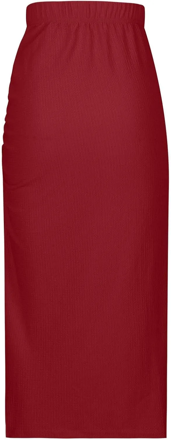Oplxuo Midi Skirt for Women Summer Casual High Waist Ruched Stretchy Pencil Bodycon Skirt with Slit