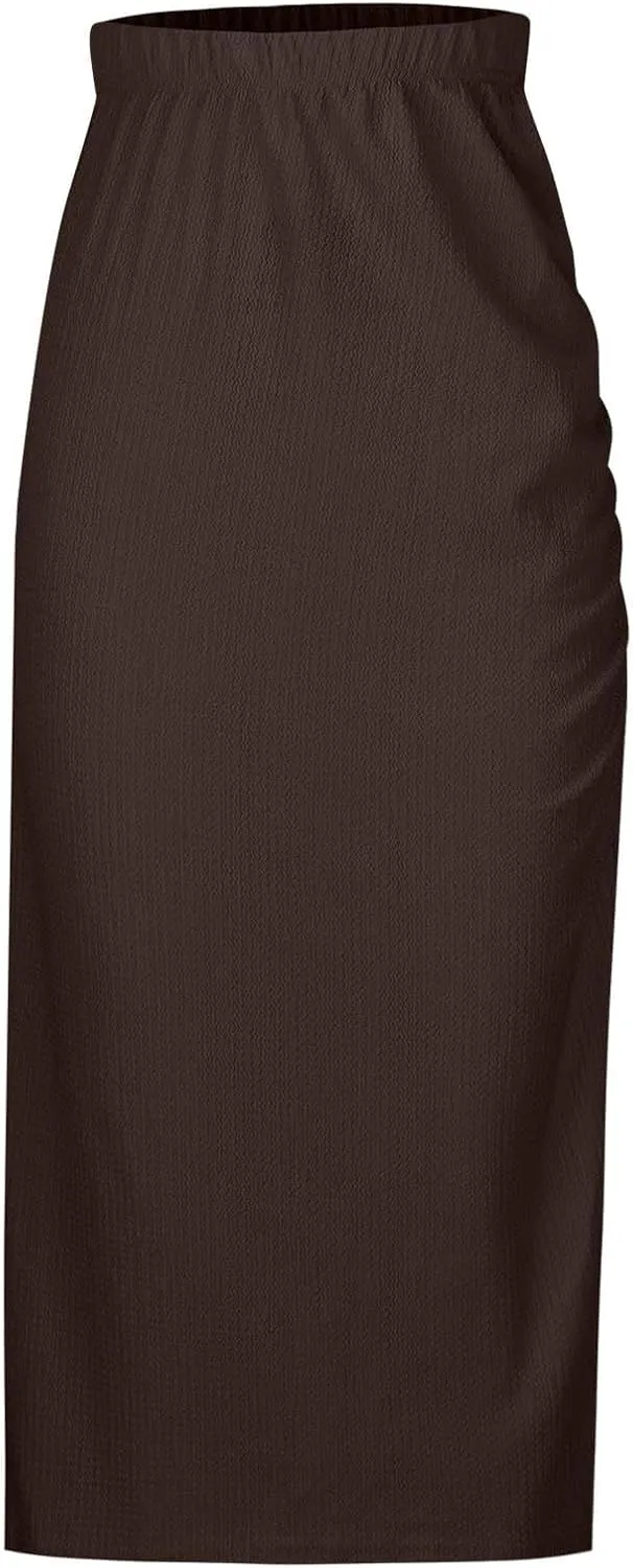 Oplxuo Midi Skirt for Women Summer Casual High Waist Ruched Stretchy Pencil Bodycon Skirt with Slit