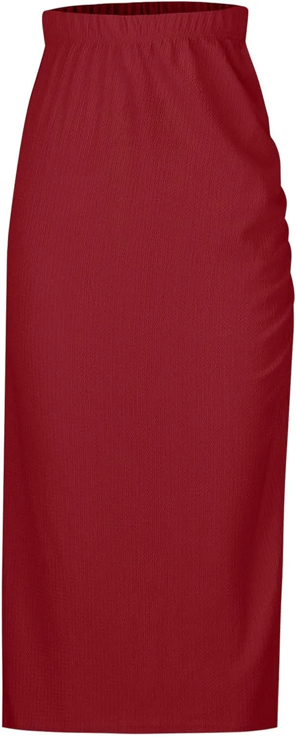 Oplxuo Midi Skirt for Women Summer Casual High Waist Ruched Stretchy Pencil Bodycon Skirt with Slit