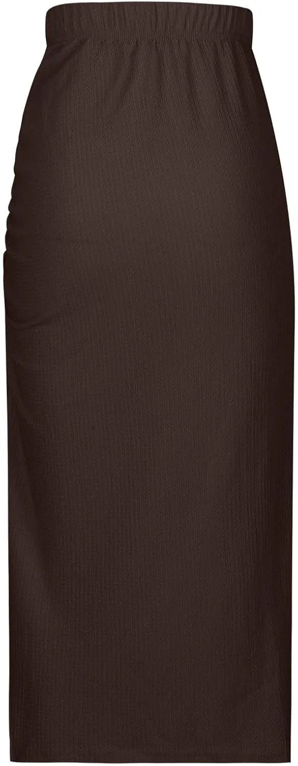 Oplxuo Midi Skirt for Women Summer Casual High Waist Ruched Stretchy Pencil Bodycon Skirt with Slit