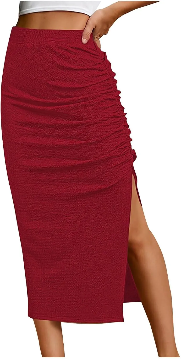 Oplxuo Midi Skirt for Women Summer Casual High Waist Ruched Stretchy Pencil Bodycon Skirt with Slit