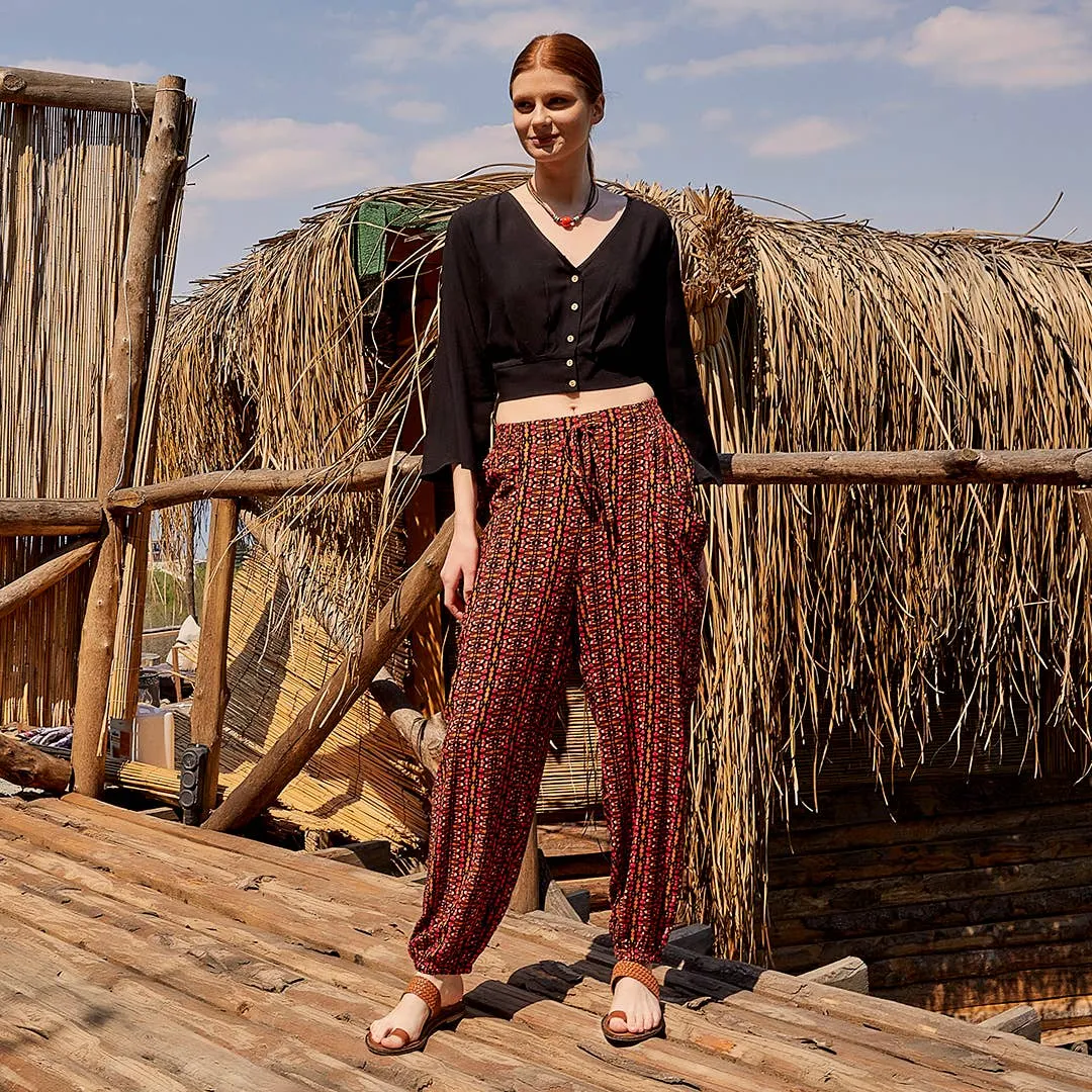 Orange Patterned Bohemian Style Flowy Baggy Trouser