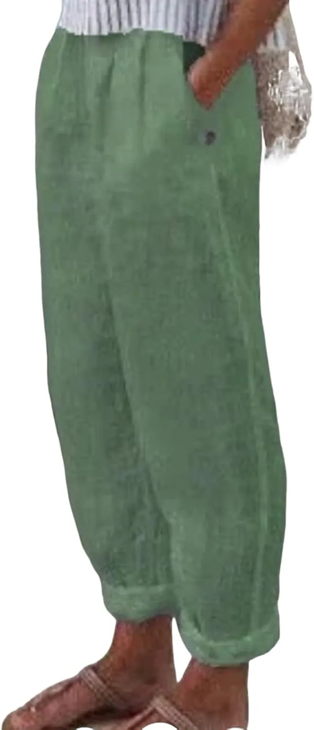 Petite Linen Pants for Women Fashion Drawstring Waist Solid Pants Flowy Summer Ankle Trousers with Pockets