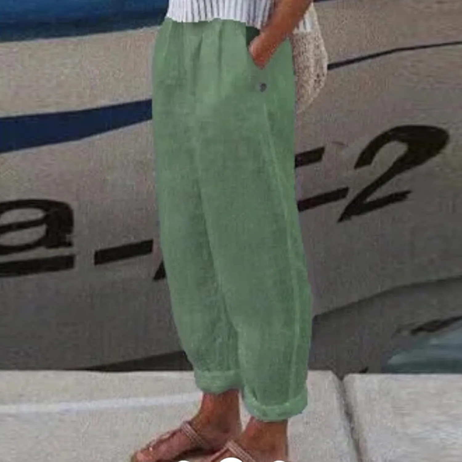 Petite Linen Pants for Women Fashion Drawstring Waist Solid Pants Flowy Summer Ankle Trousers with Pockets
