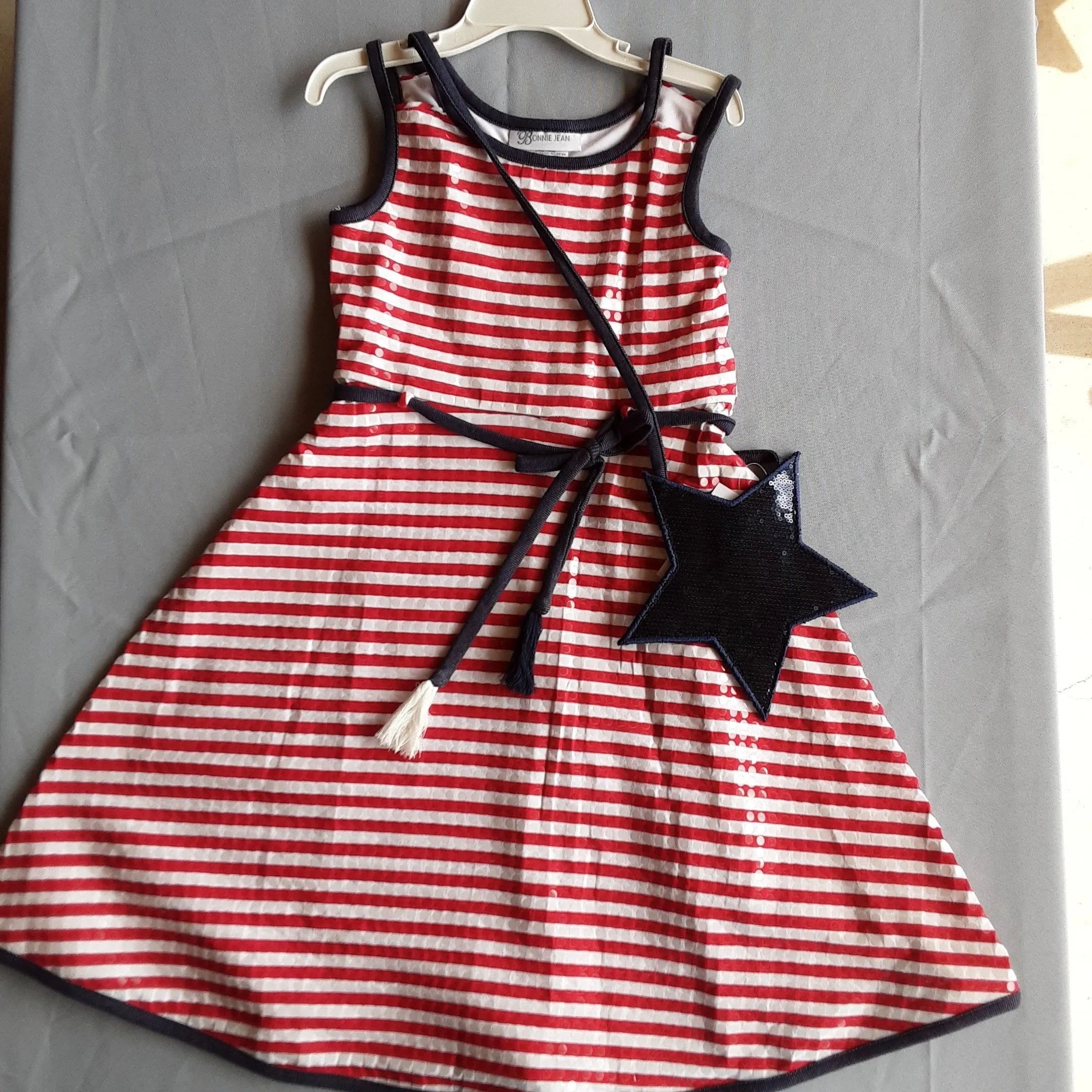 Red & White Stripe Sequin Sundress with Blue Star Cross Body Bag | Bonnie Jean 7-16