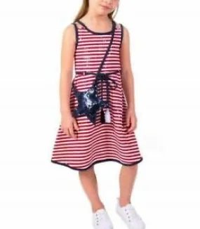 Red & White Stripe Sequin Sundress with Blue Star Cross Body Bag | Bonnie Jean 7-16