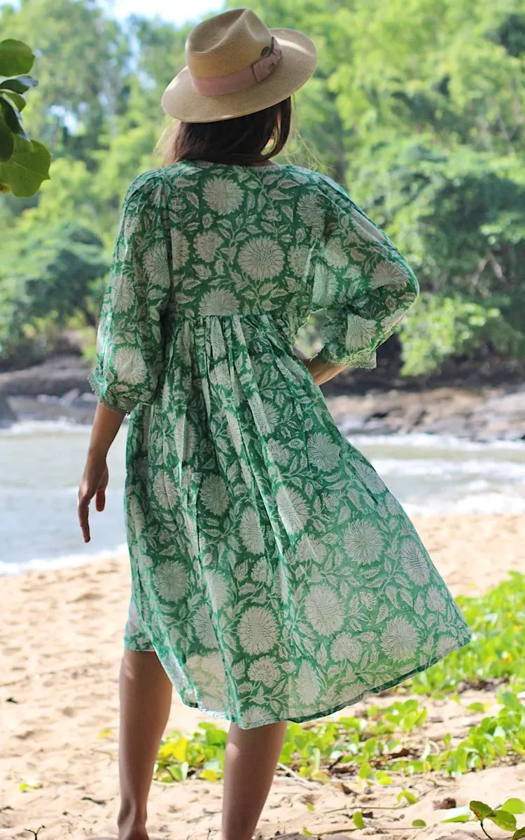 River Goddess 100% Cotton Midi Dress in Hawa Emerald
