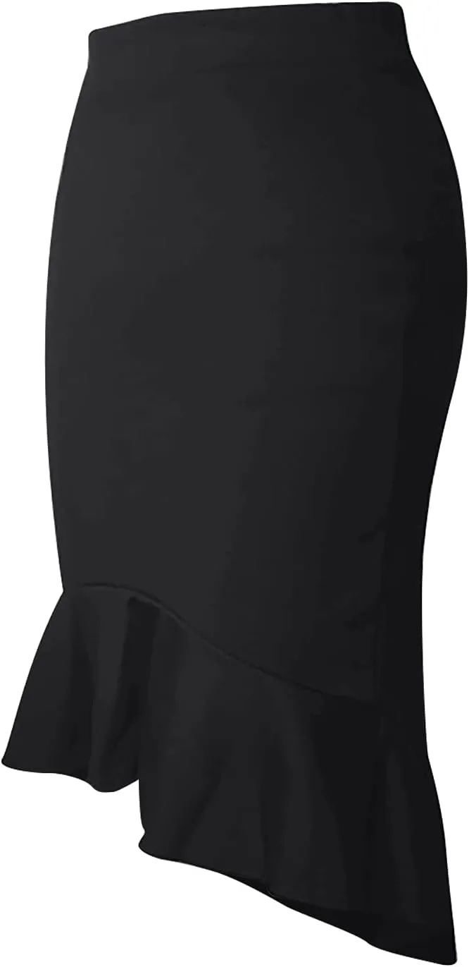 SERYU Women's High Waist Stretchy Ruffle Hem Fishtail Bodycon Midi Pencil Skirt