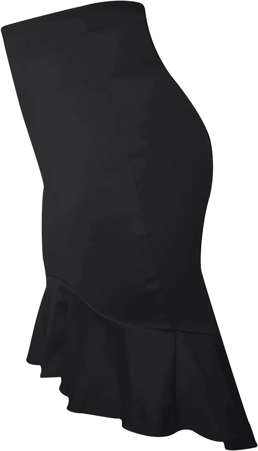 SERYU Women's High Waist Stretchy Ruffle Hem Fishtail Bodycon Midi Pencil Skirt