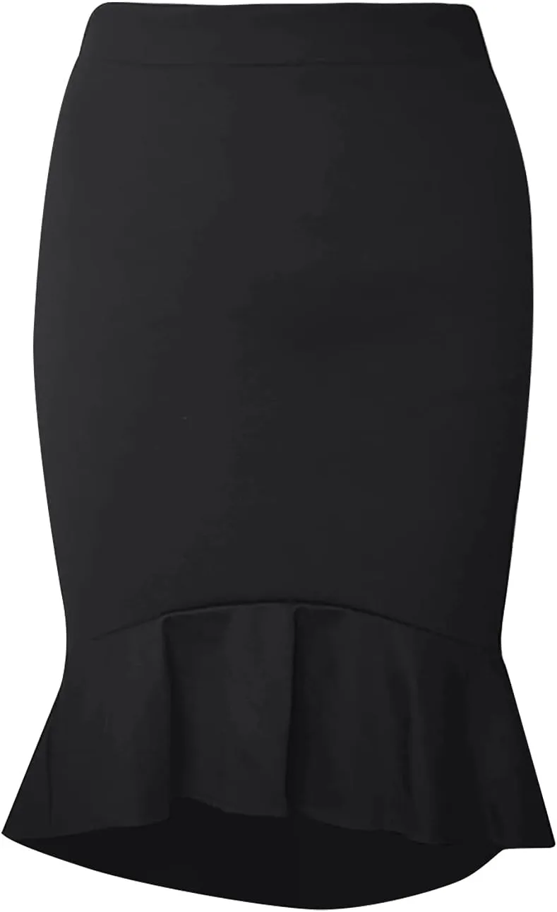 SERYU Women's High Waist Stretchy Ruffle Hem Fishtail Bodycon Midi Pencil Skirt