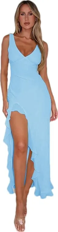 Sexy V Neck Sleeveless Mesh Ruffle Hem Bodycon Maxi Casual Backless High Slit Cocktail Party Dress