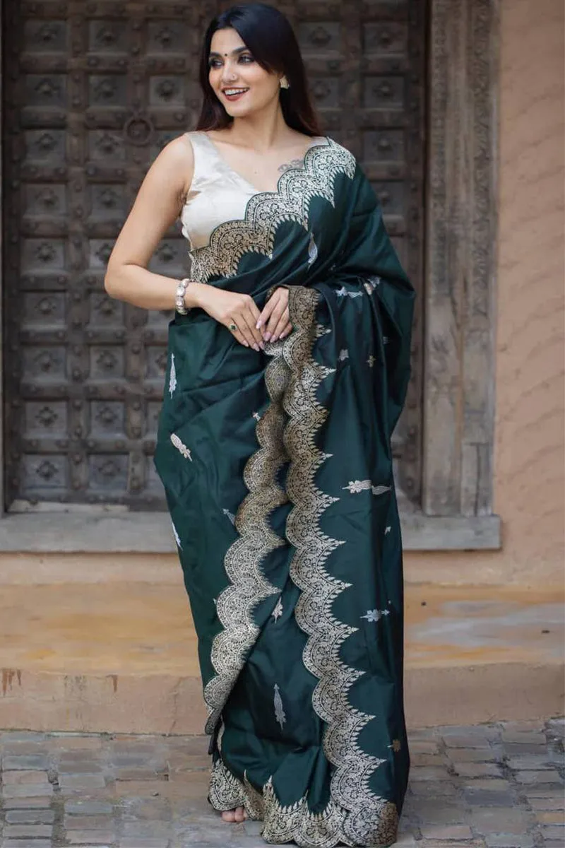 Staggering Dark Green Soft Silk Saree With Adorable Blouse Piece