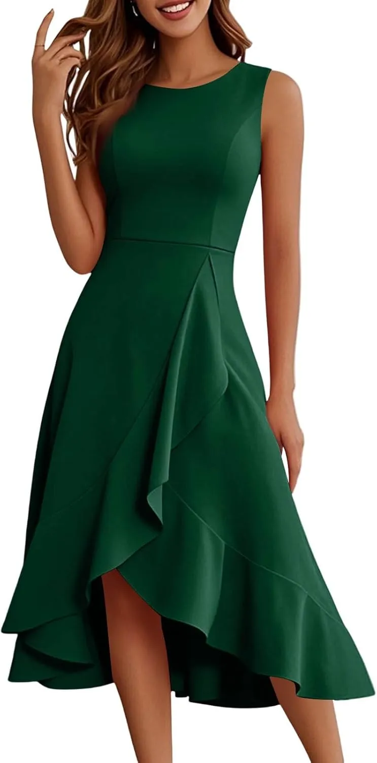 Summer Dresses for Women 2025 Sleeveless Flowy Midi Dress with Asymmetrical Hem, Elegant Wedding Guest Dresses