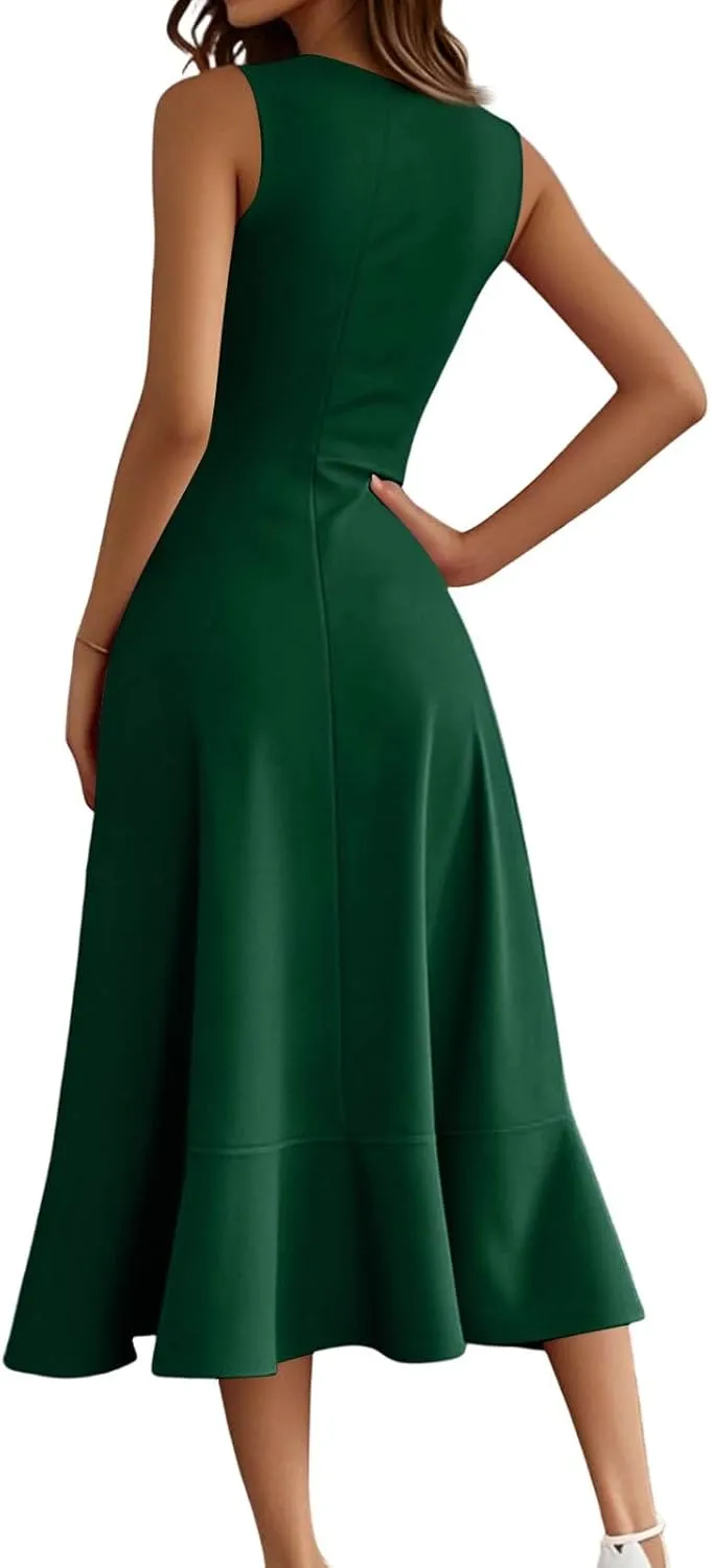 Summer Dresses for Women 2025 Sleeveless Flowy Midi Dress with Asymmetrical Hem, Elegant Wedding Guest Dresses