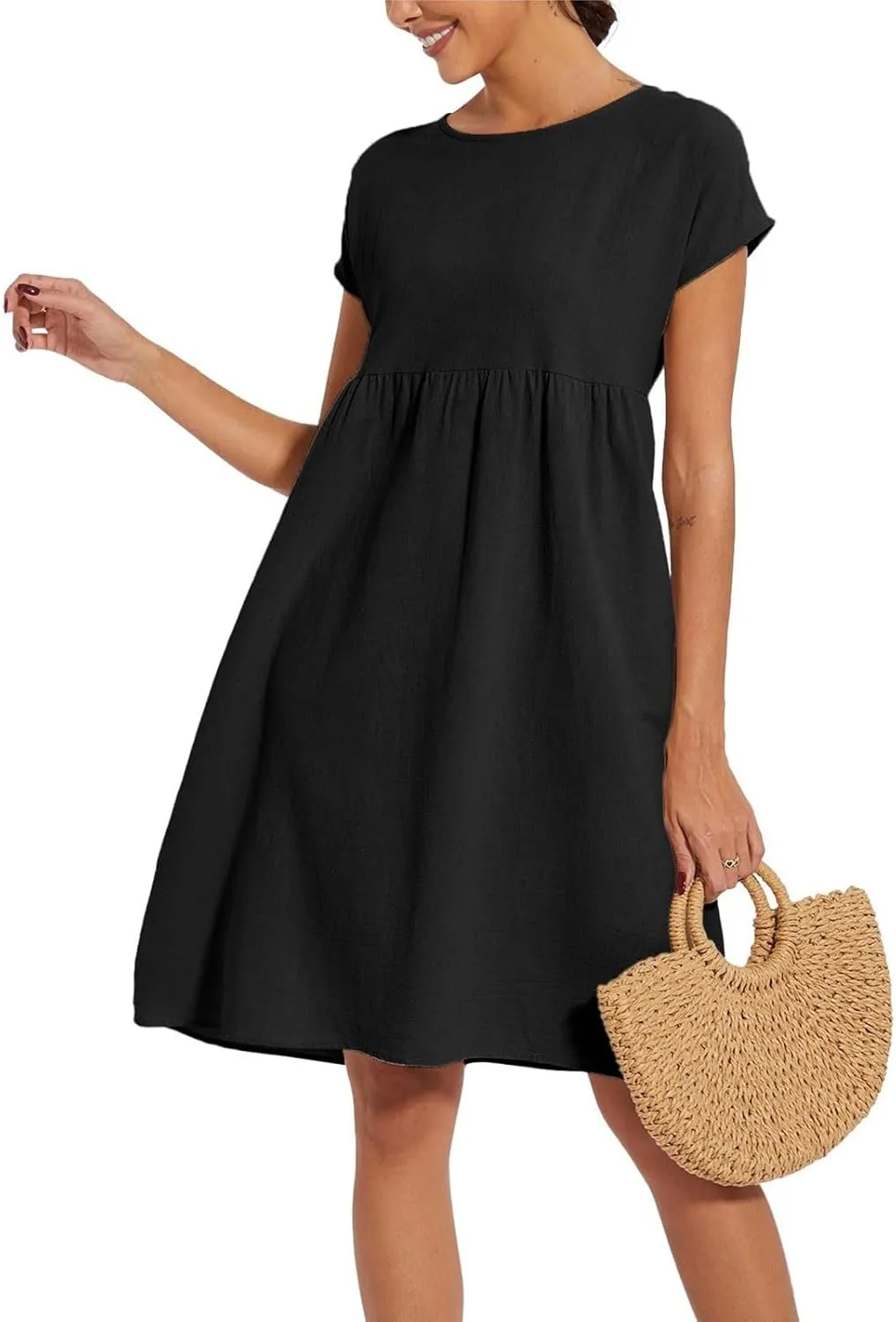 Summer Dresses for Women 2025 Women's Round Neck Cotton Linen Short Sleeves Dress Beach Vacation Comfortable Dress