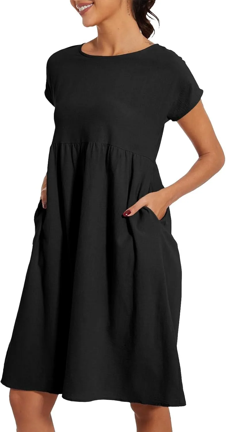 Summer Dresses for Women 2025 Women's Round Neck Cotton Linen Short Sleeves Dress Beach Vacation Comfortable Dress
