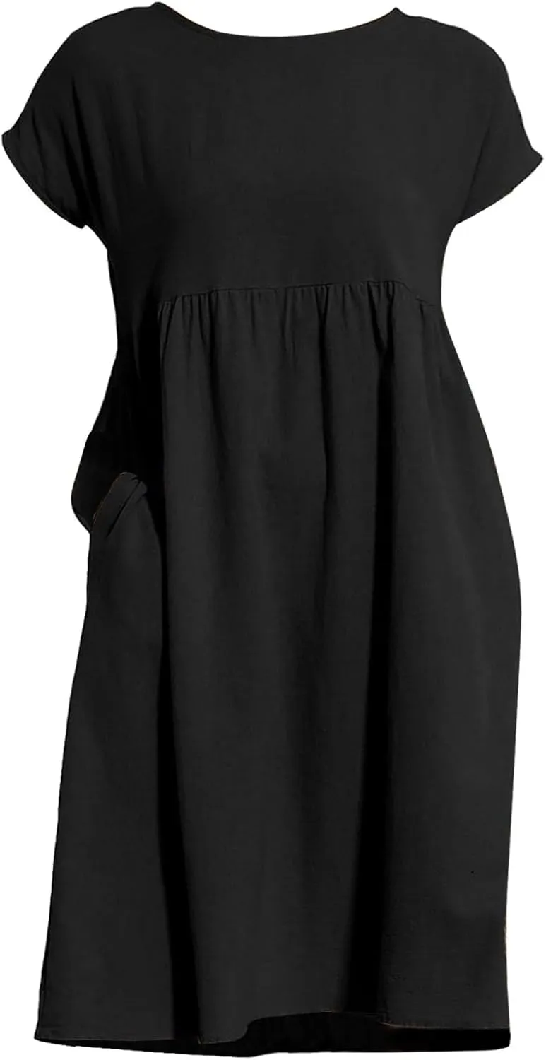 Summer Dresses for Women 2025 Women's Round Neck Cotton Linen Short Sleeves Dress Beach Vacation Comfortable Dress