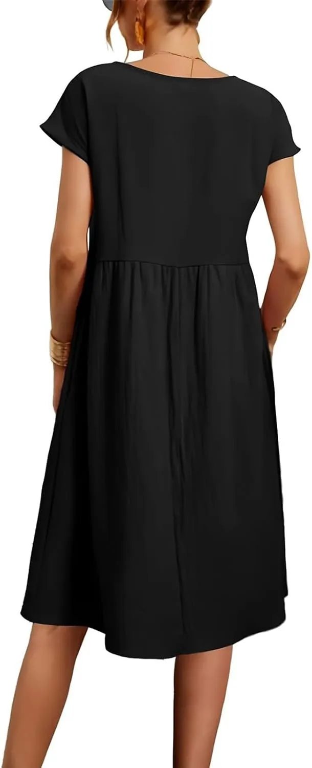 Summer Dresses for Women 2025 Women's Round Neck Cotton Linen Short Sleeves Dress Beach Vacation Comfortable Dress