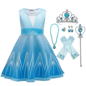Summer Elsa Sleeveless, One-pieces Anna Elsa Costume Girls Dress, Birthday Party Dress up with Accessories