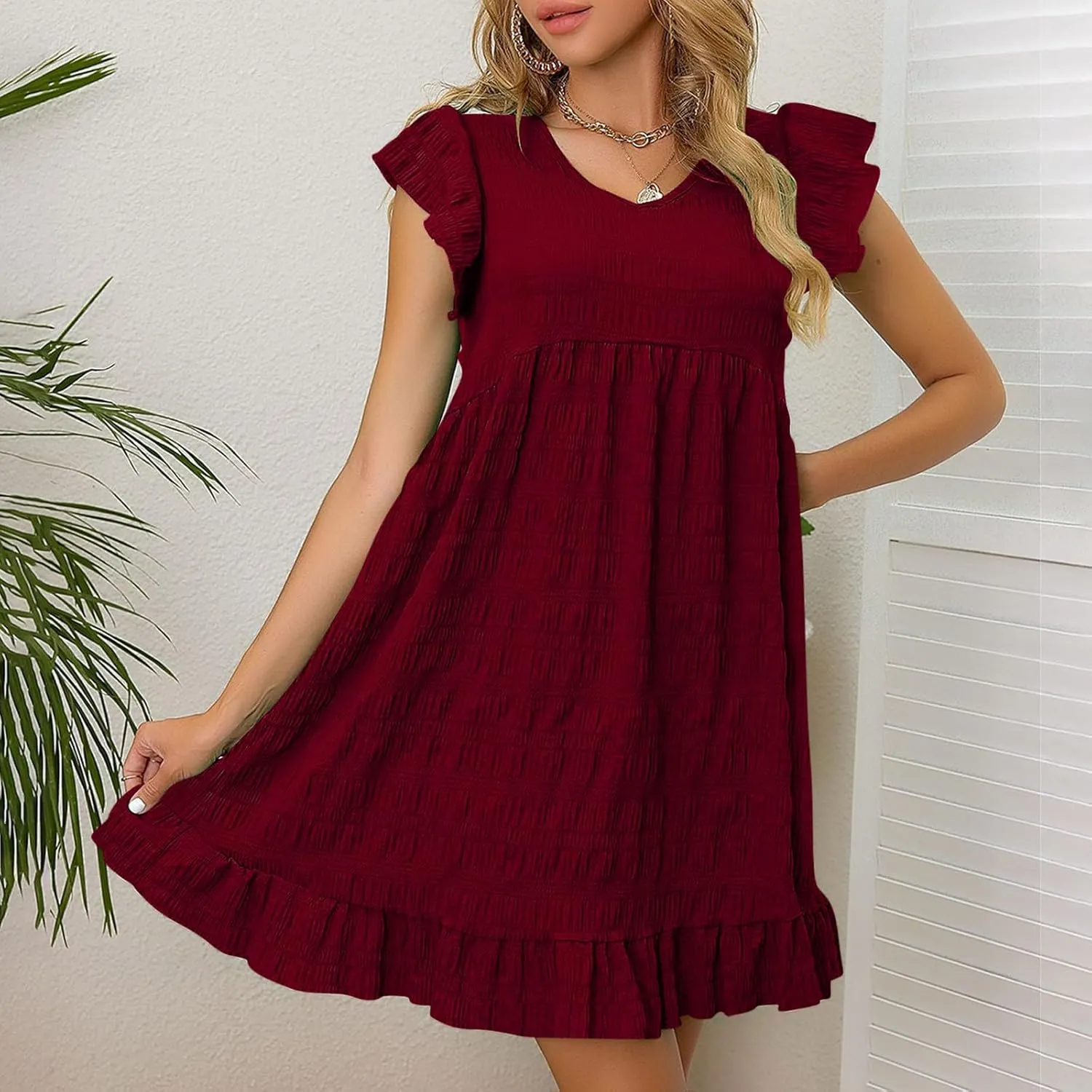 Summer Mini Dress for Women V Neck Cap Sleeve Pleated Solid Color Swing Hem Party Club Flared Dresses