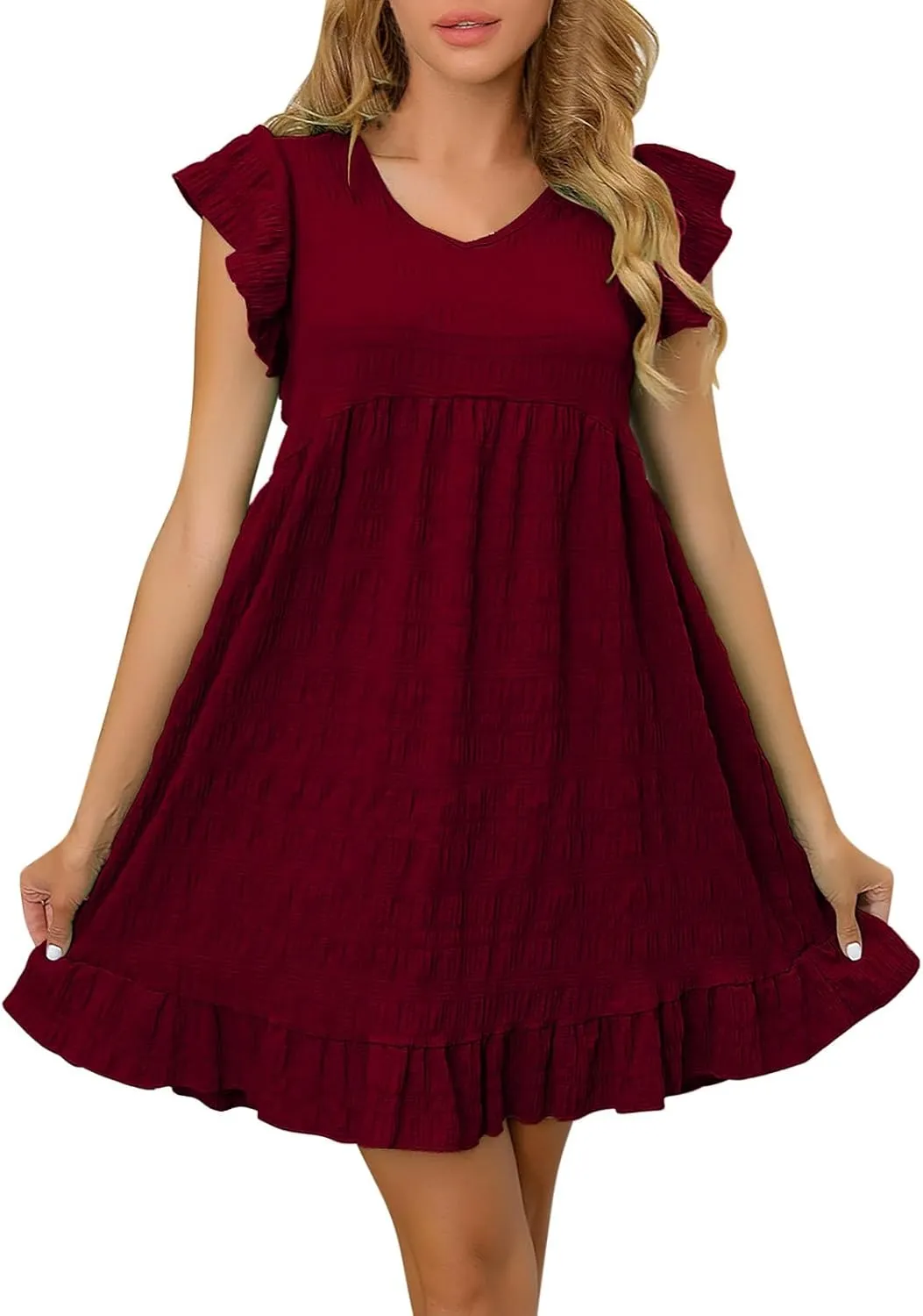 Summer Mini Dress for Women V Neck Cap Sleeve Pleated Solid Color Swing Hem Party Club Flared Dresses