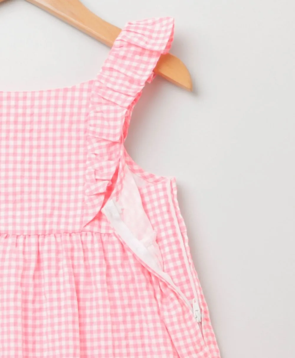 Sweetlime by AS Neon Checks Flutter Sleeves Flare Dress - Neon Pink