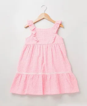Sweetlime by AS Neon Checks Flutter Sleeves Flare Dress - Neon Pink