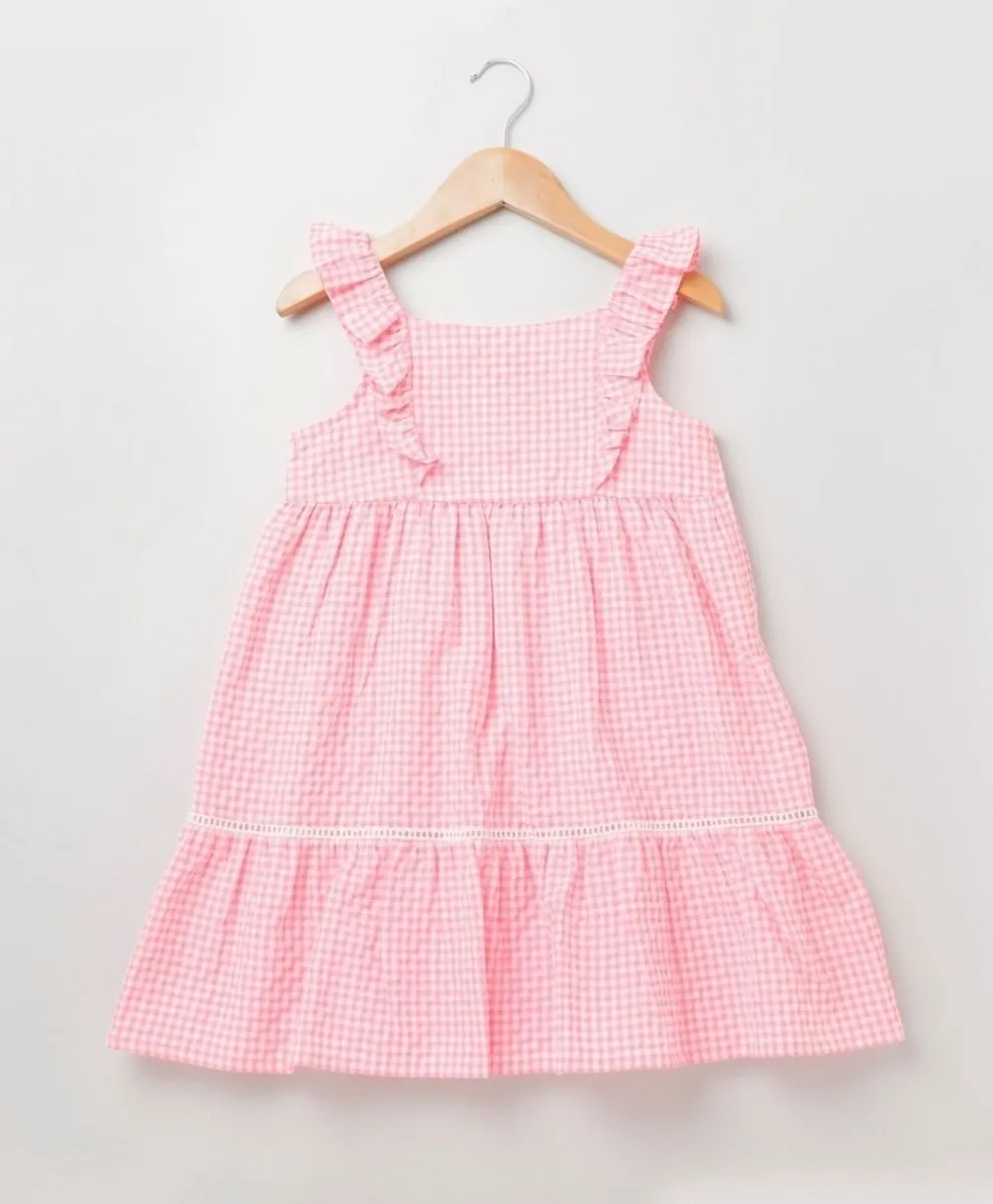 Sweetlime by AS Neon Checks Flutter Sleeves Flare Dress - Neon Pink