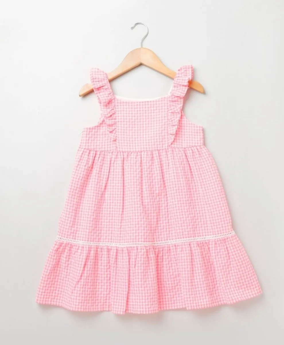 Sweetlime by AS Neon Checks Flutter Sleeves Flare Dress - Neon Pink
