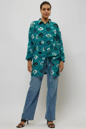Teal Printed Crepe Shirt Tunic