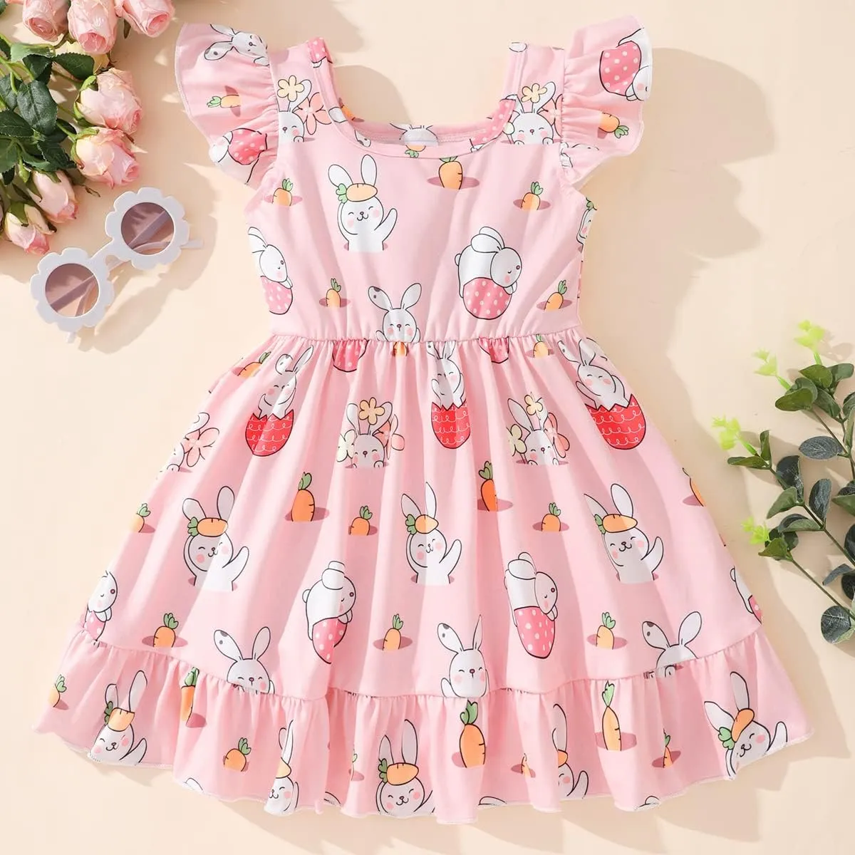 Toddler Girl Dresses Flutter Sleeve Summer Clothes School Outfit Girls Casual Swing Ruffle Dress 1-7 Years