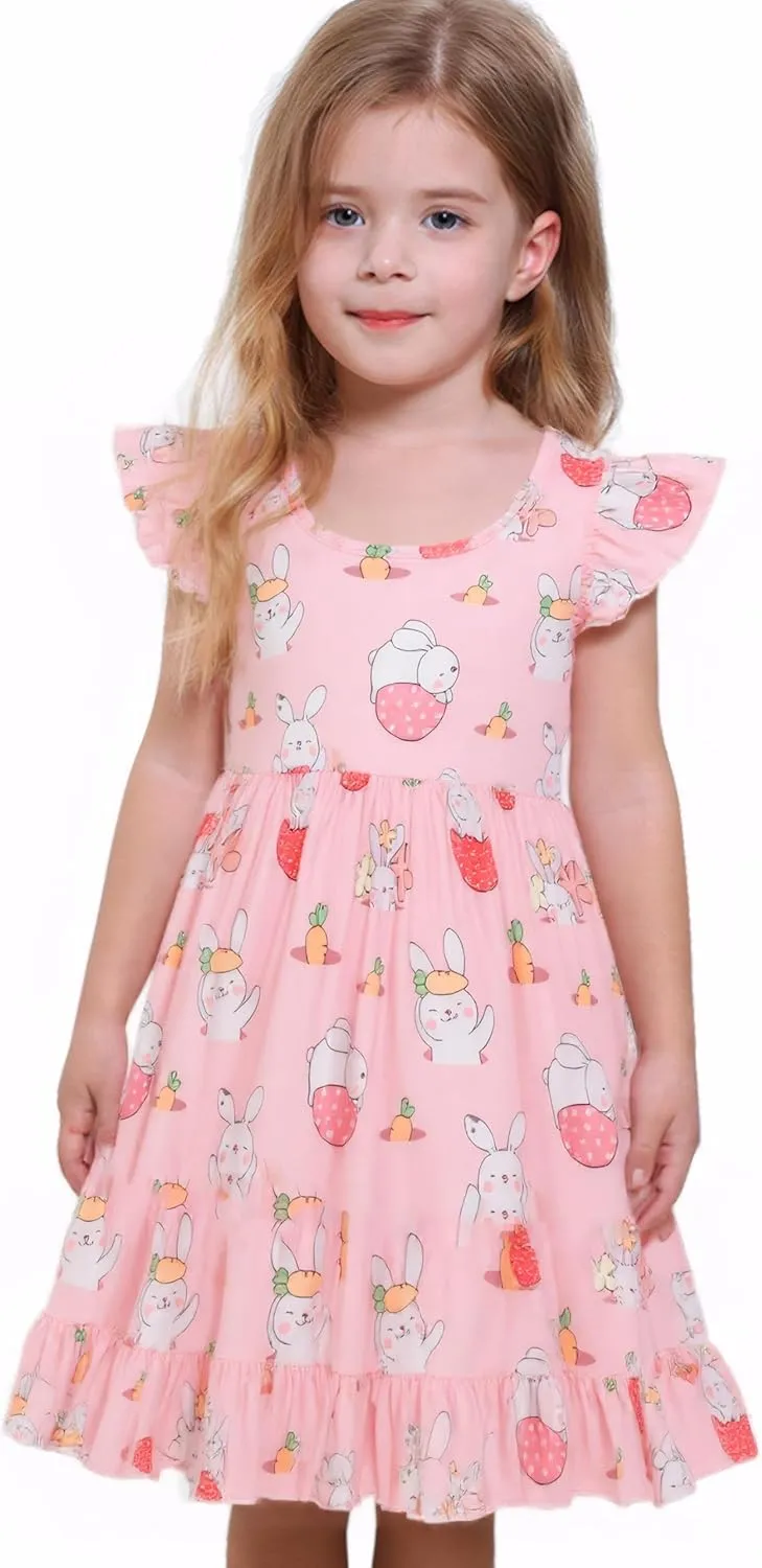 Toddler Girl Dresses Flutter Sleeve Summer Clothes School Outfit Girls Casual Swing Ruffle Dress 1-7 Years