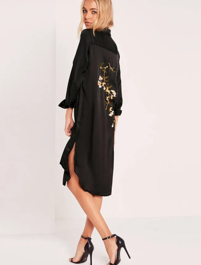 Turn-Down Collar Dress With Embroidery