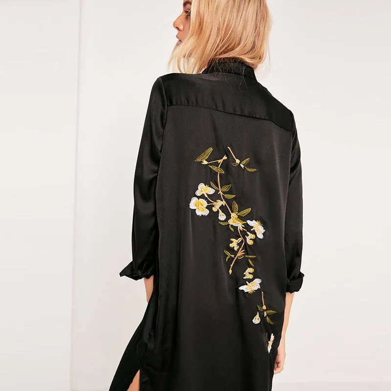 Turn-Down Collar Dress With Embroidery