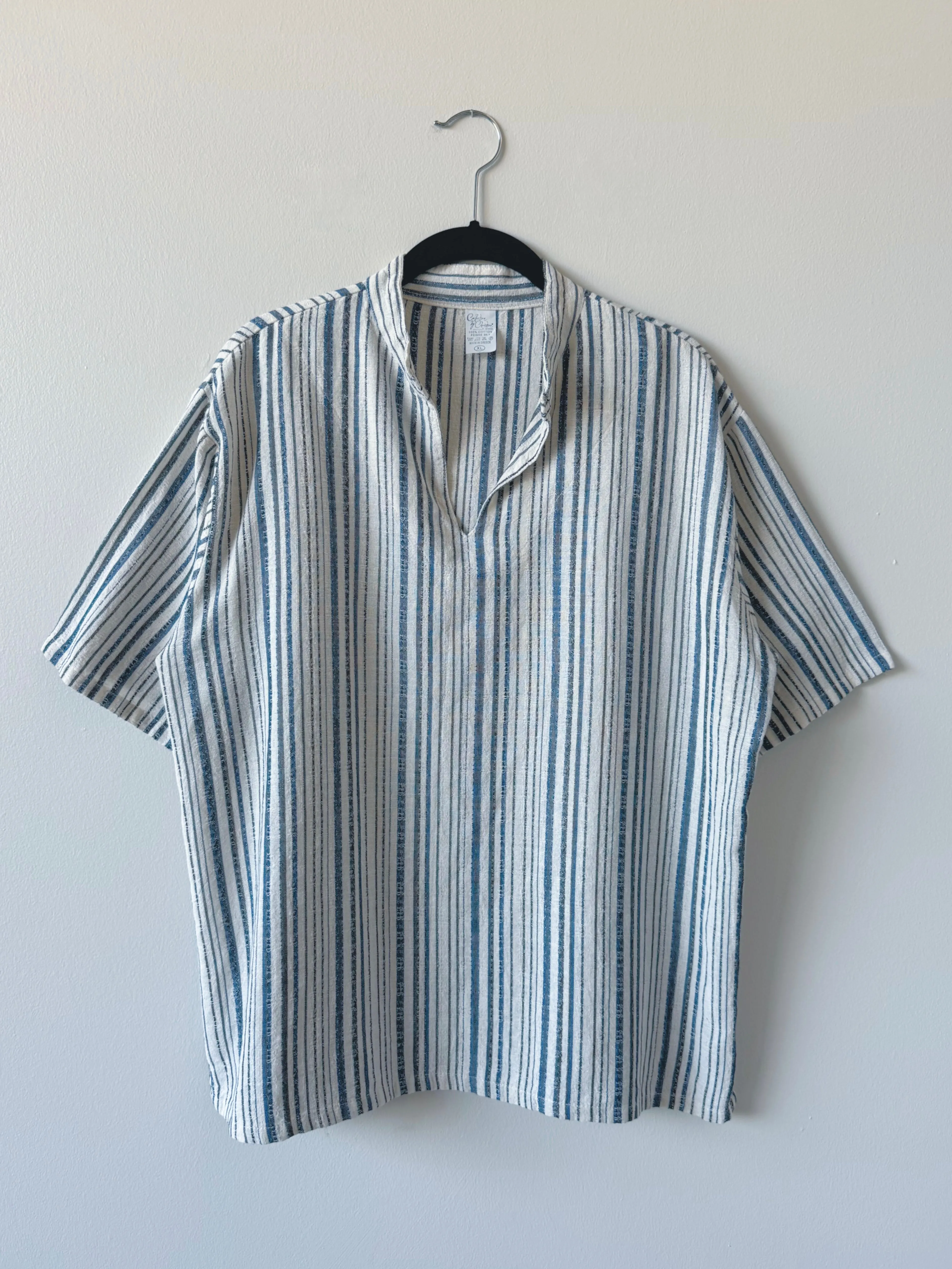 Vintage Woven Cotton Striped Short Sleeve Shirt (XL)