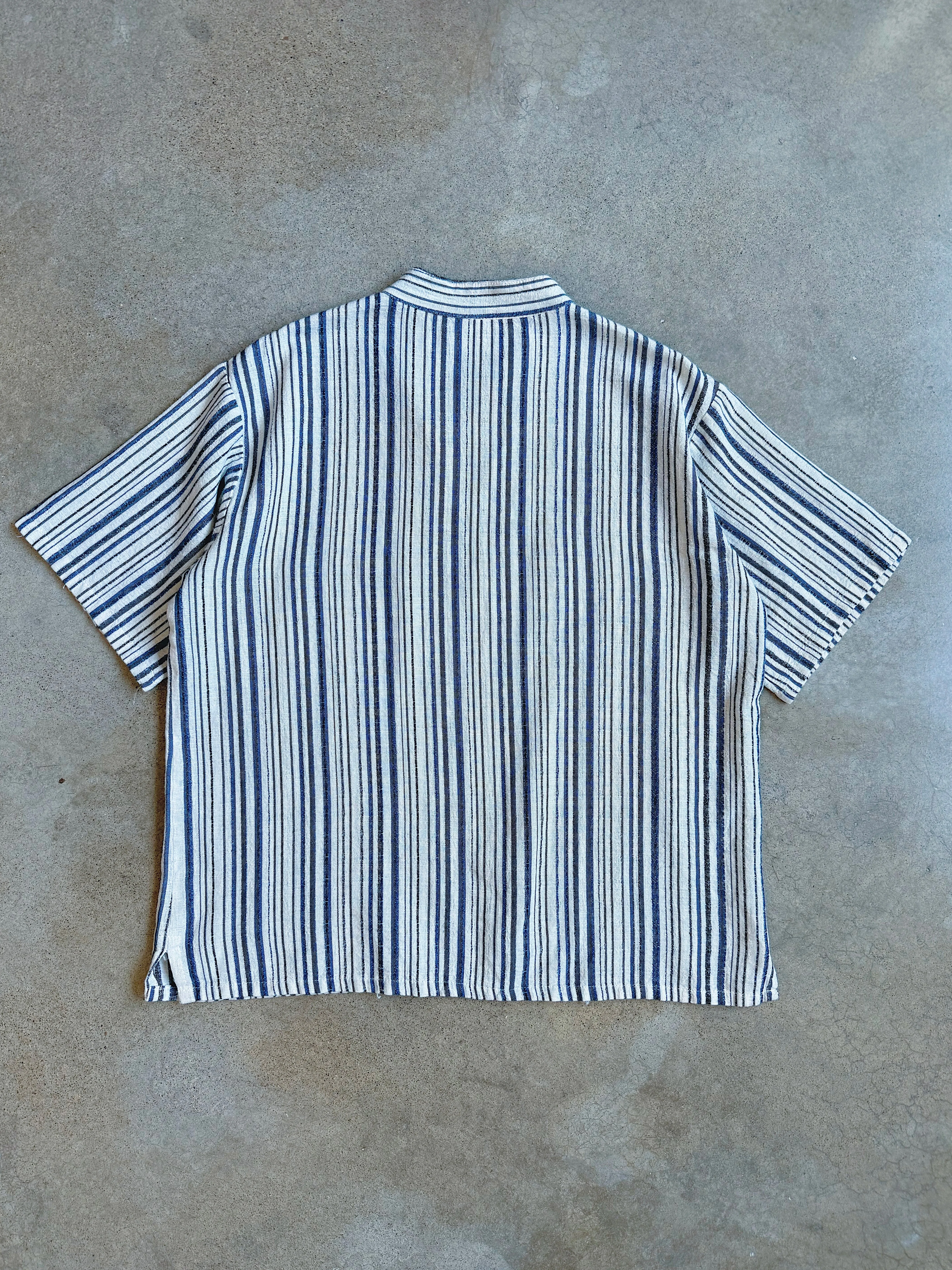 Vintage Woven Cotton Striped Short Sleeve Shirt (XL)