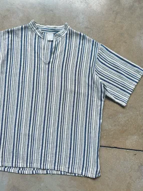 Vintage Woven Cotton Striped Short Sleeve Shirt (XL)