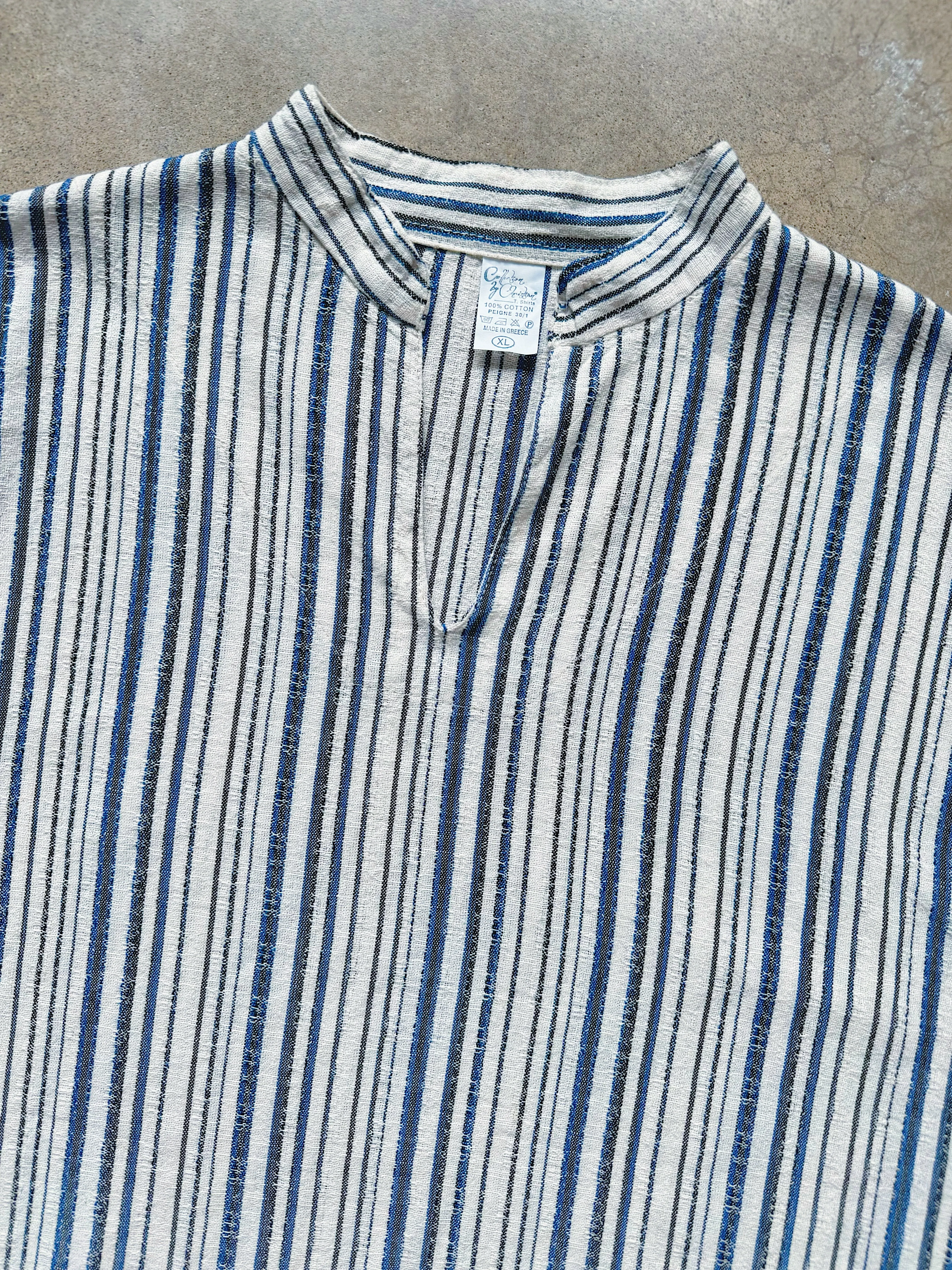 Vintage Woven Cotton Striped Short Sleeve Shirt (XL)