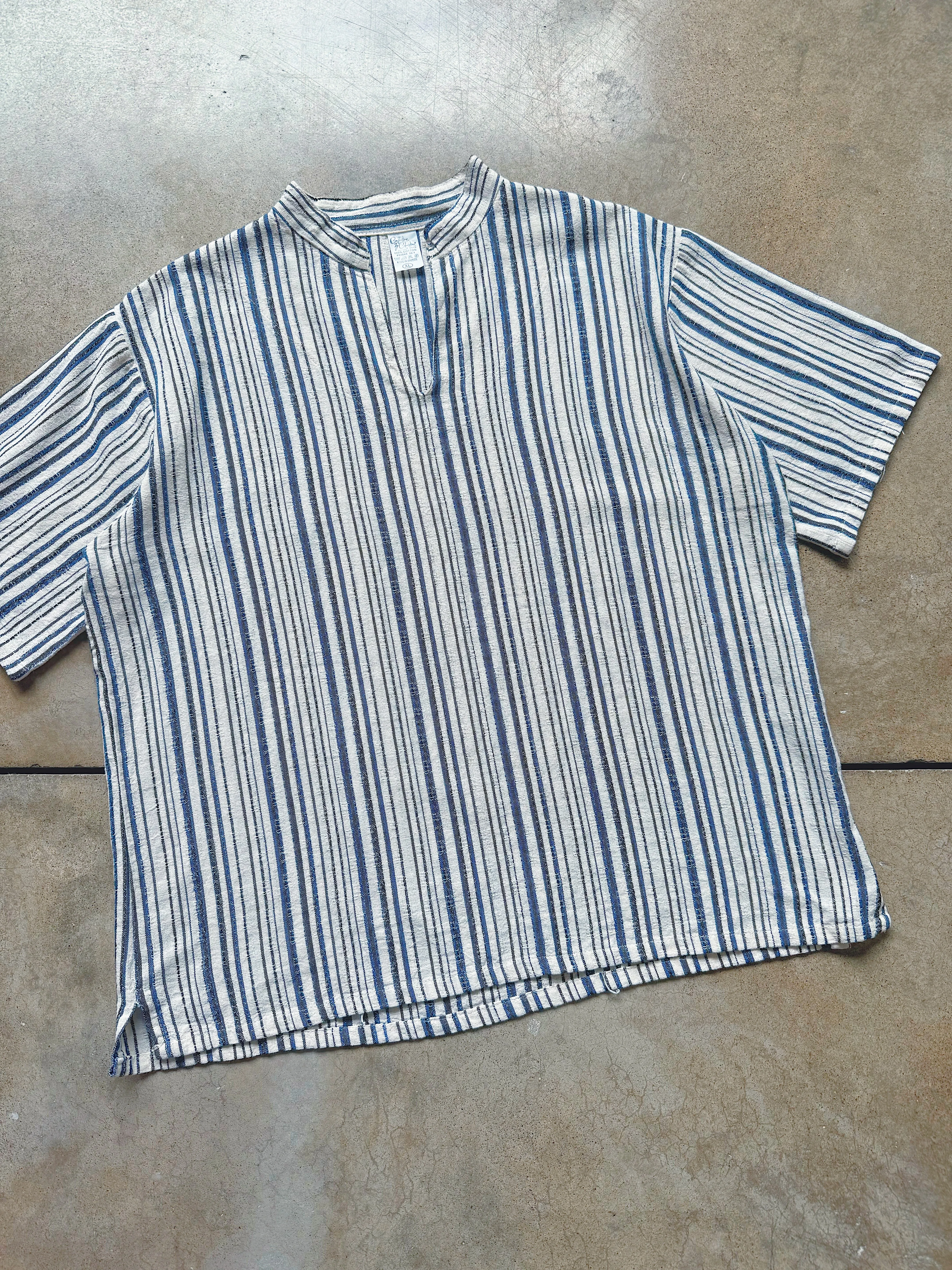 Vintage Woven Cotton Striped Short Sleeve Shirt (XL)
