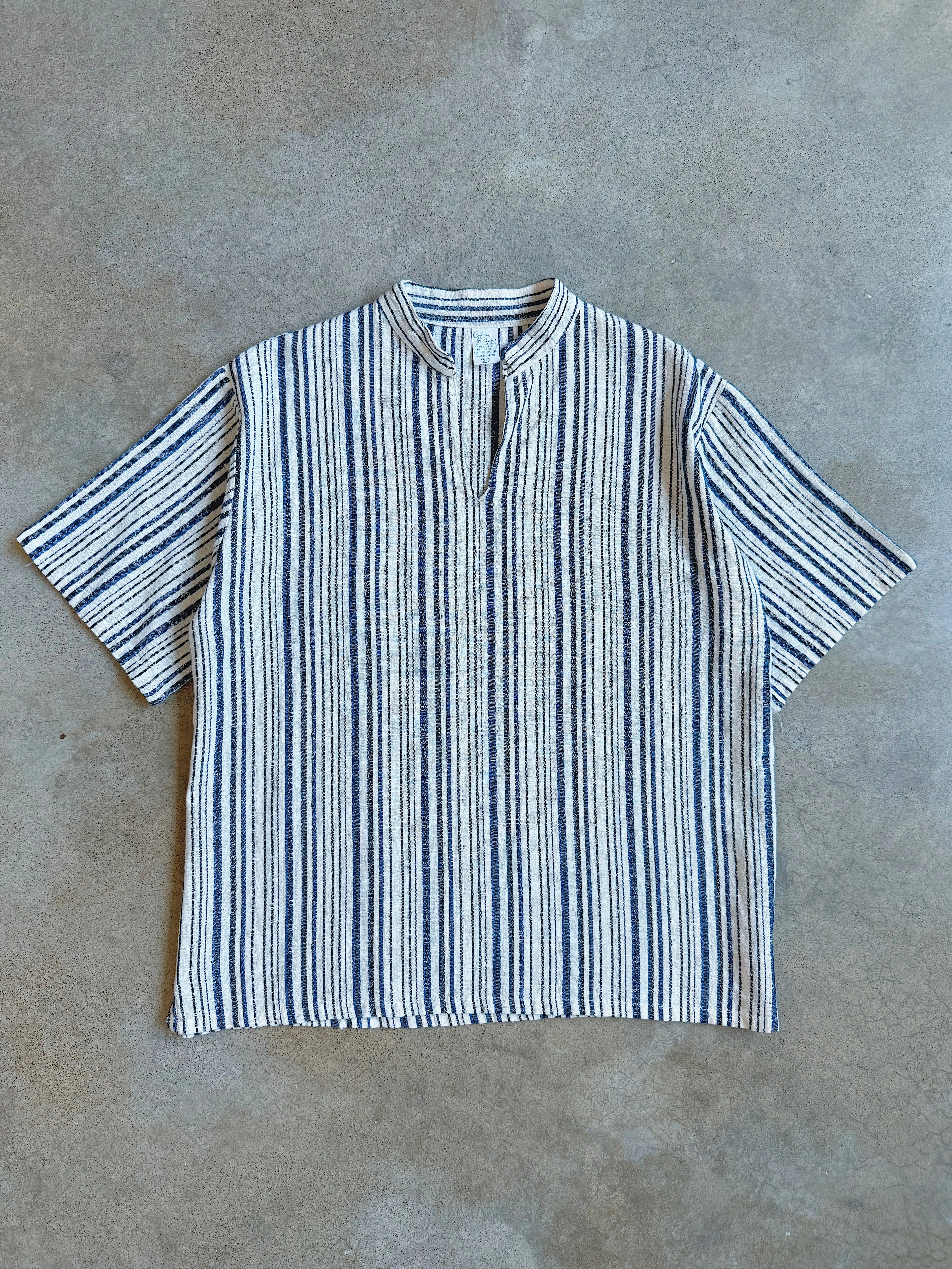 Vintage Woven Cotton Striped Short Sleeve Shirt (XL)