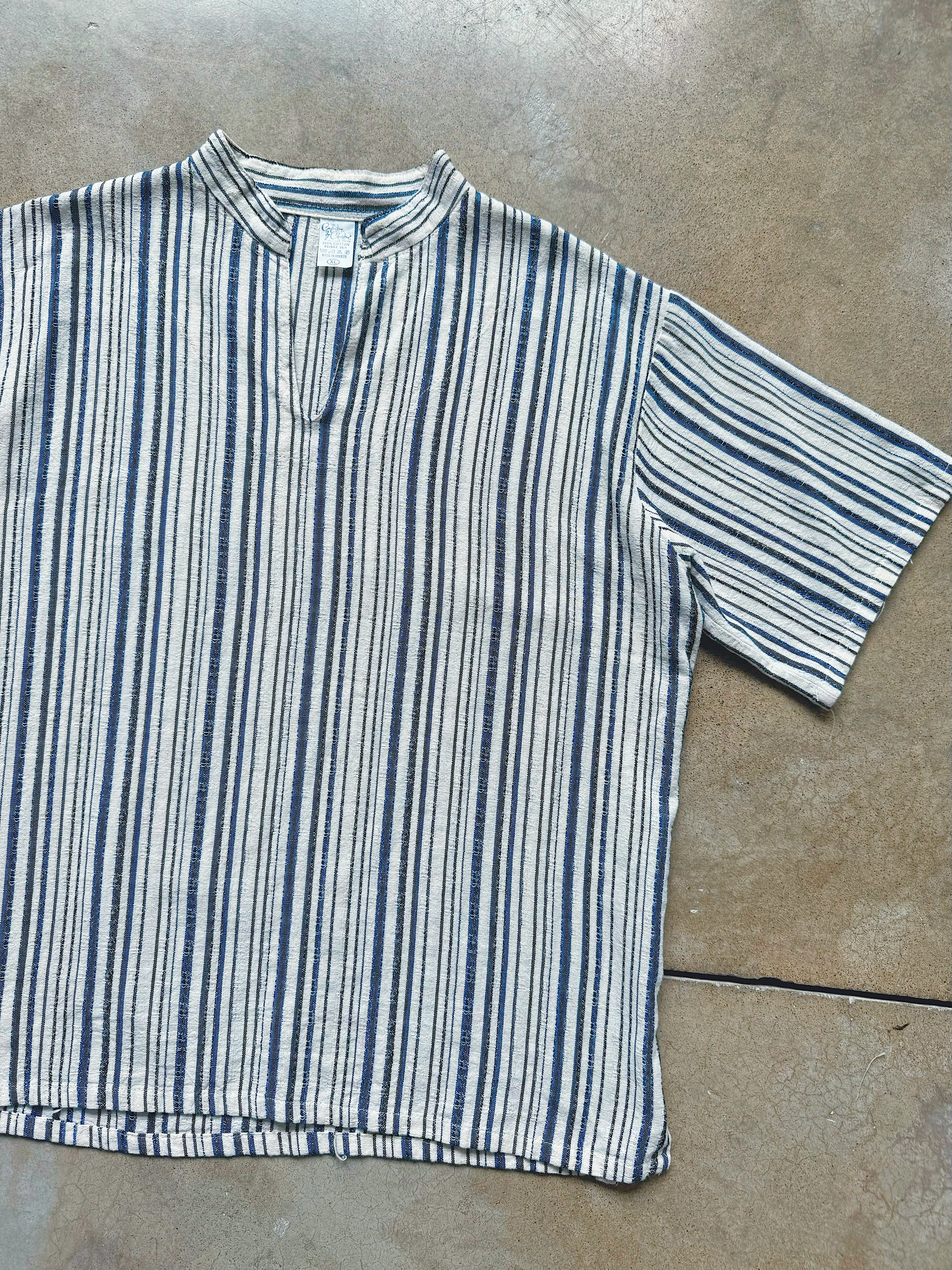 Vintage Woven Cotton Striped Short Sleeve Shirt (XL)