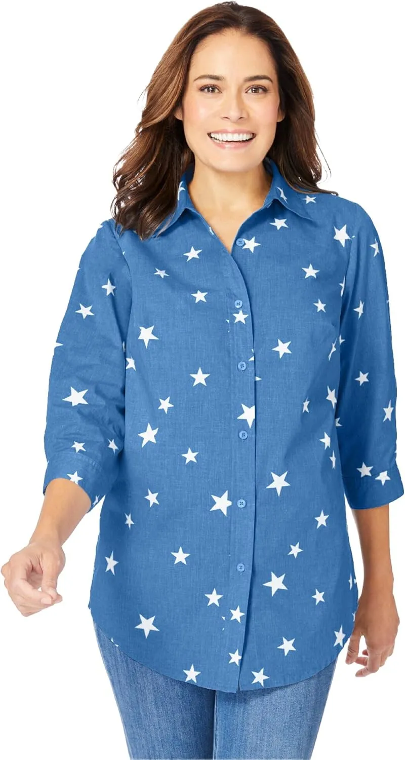 Woman Within Women's Plus Size Perfect Three Quarter Sleeve Shirt