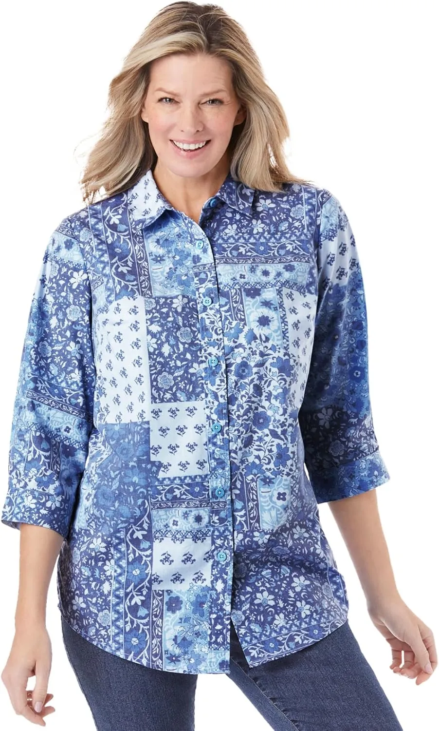 Woman Within Women's Plus Size Perfect Three Quarter Sleeve Shirt